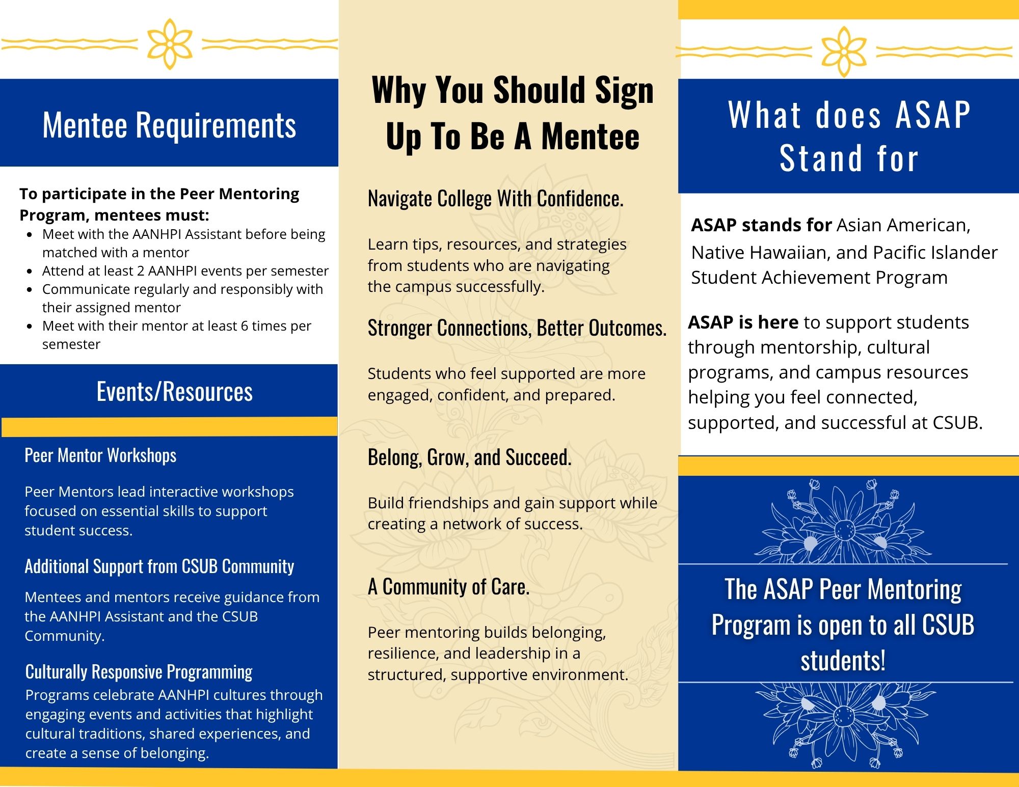 What Does ASAP Stand For?: ASAP stands for Asian American, Native Hawaiian, and Pacific Islander Student Achievement Program. ASAP is here to support students through mentorship, cultural programs, and campus resources helping you feel connected, supported, and successful at CSUB. The ASAP Peer Mentoring Program is open to all CSUB students! Mentee Requirements: To participate in the Peer Mentoring Program, mentees must: • Meet with the AANHPI Assistant before being matched with a mentor • Attend at least 2 AANHPI events per semester • Communicate regularly and responsibly with their assigned mentor • Meet with their mentor at least 6 times per semester Events/Resources: • Peer Mentor Workshops o Peer Mentors lead interactive workshops focused on essential skills to support student success. • Additional Support from CSUB Community o Peer Mentors lead interactive workshops focused on essential skills to support student success. • Culturally Responsive Programming o Programs celebrate AANHPI cultures through engaging events and activities that highlight cultural traditions, shared experiences, and create a sense of belonging. Why You Should Sign Up to Be a Mentee: • Navigate College With Confidence o Learn tips, resources, and strategies from students who are navigating the campus successfully. • Stronger Connections, Better Outcomes o Students who feel supported are more engaged, confident, and prepared. • Belong, Grow, and Succeed o Build friendships and gain support while creating a network of success. • A Community of Care o Peer mentoring builds belonging, resilience, and leadership in a structured, supportive environment.
